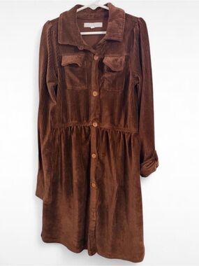Girls Brown Corduroy Button-Front Dress